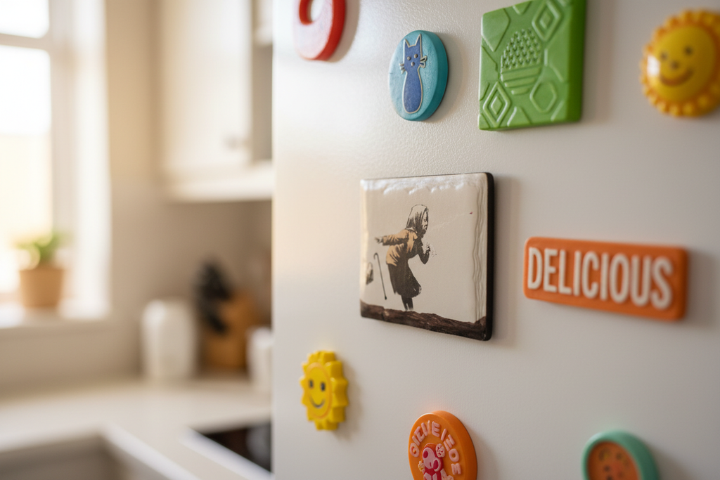 Banksy Aachoo sneezing woman ceramic fridge magnet lifestyle shot on kitchen fridge