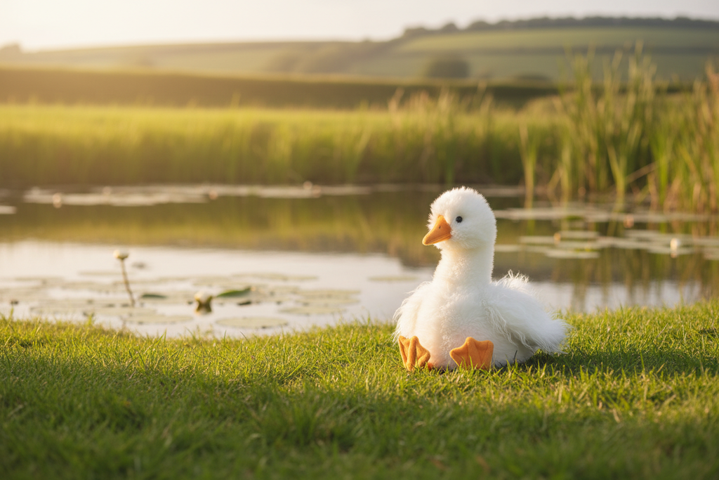 Wrendale Pearl Junior Goose soft toy sitting beside a peaceful countryside pond with lily pads and reeds