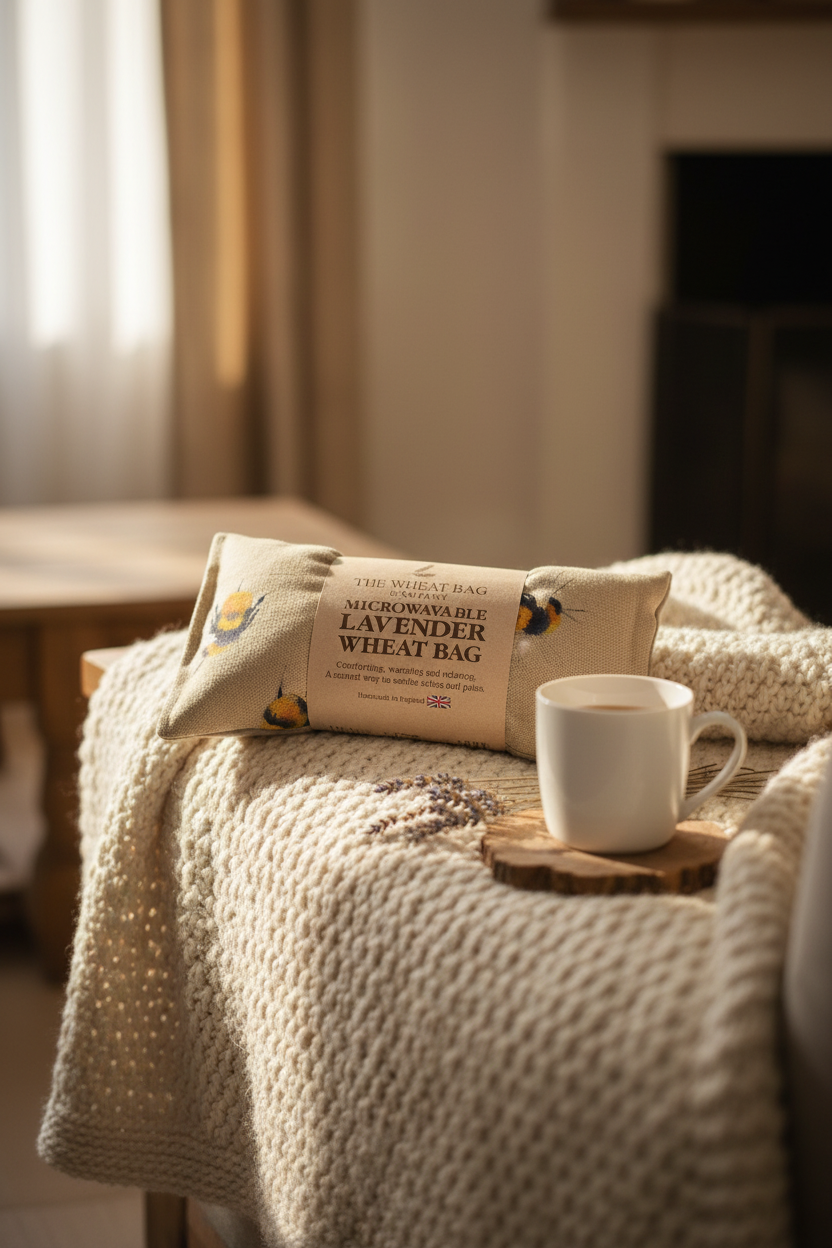Bumblebee print microwavable lavender wheat bag lifestyle cosy sofa setting