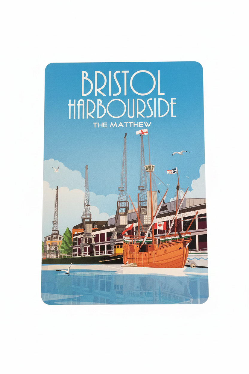 Bristol Harbourside The Matthew retro travel poster postcard on white background