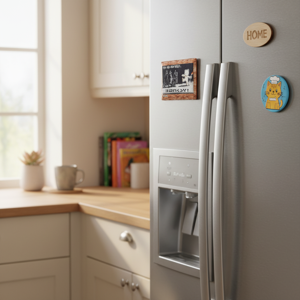Banksy Mild Mild West ceramic fridge magnet lifestyle shot on kitchen fridge