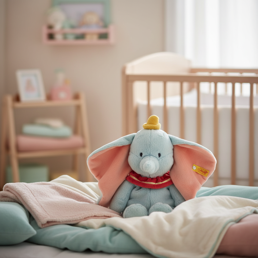 Steiff Dumbo 30cm plush in a soft pastel nursery setting