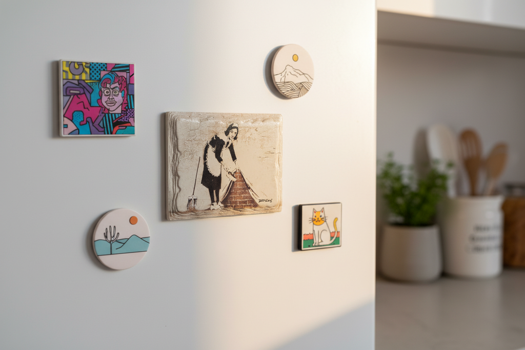 Banksy Maid in London ceramic fridge magnet lifestyle shot on kitchen fridge