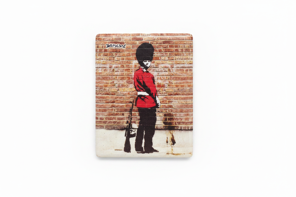Banksy Royal Guard ceramic fridge magnet flat lay on white background