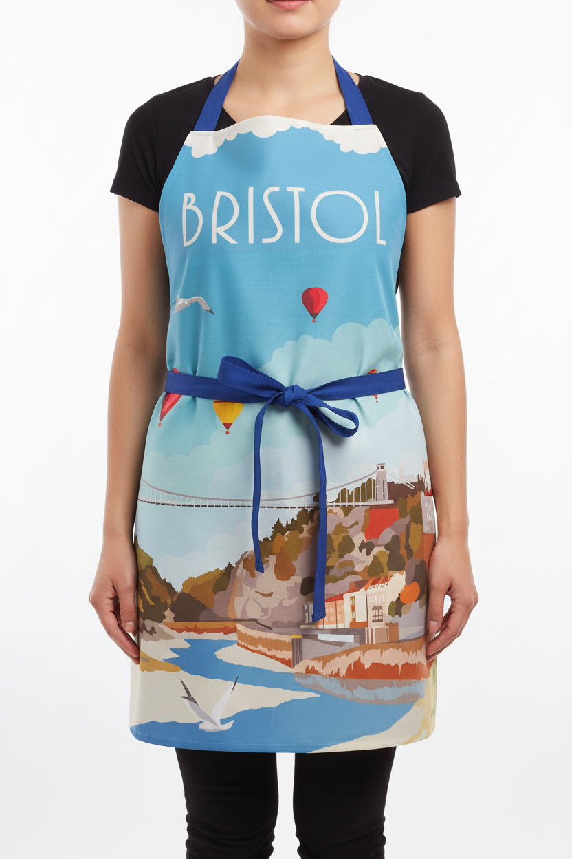 Person wearing Bristol Clifton Suspension Bridge apron on clean white background