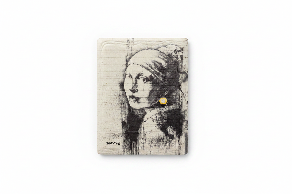 Banksy Girl with Burst Eardrum ceramic fridge magnet flat lay on white background