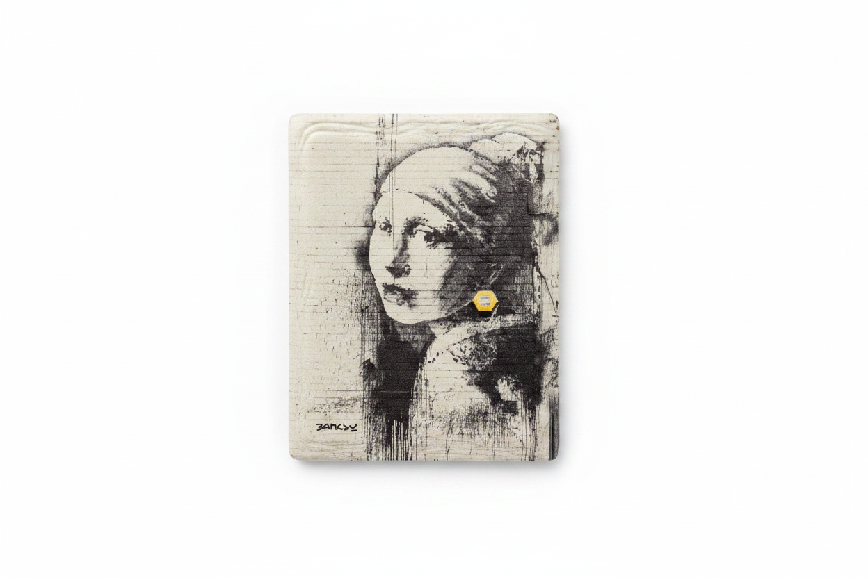 Banksy Girl with Burst Eardrum ceramic fridge magnet flat lay on white background