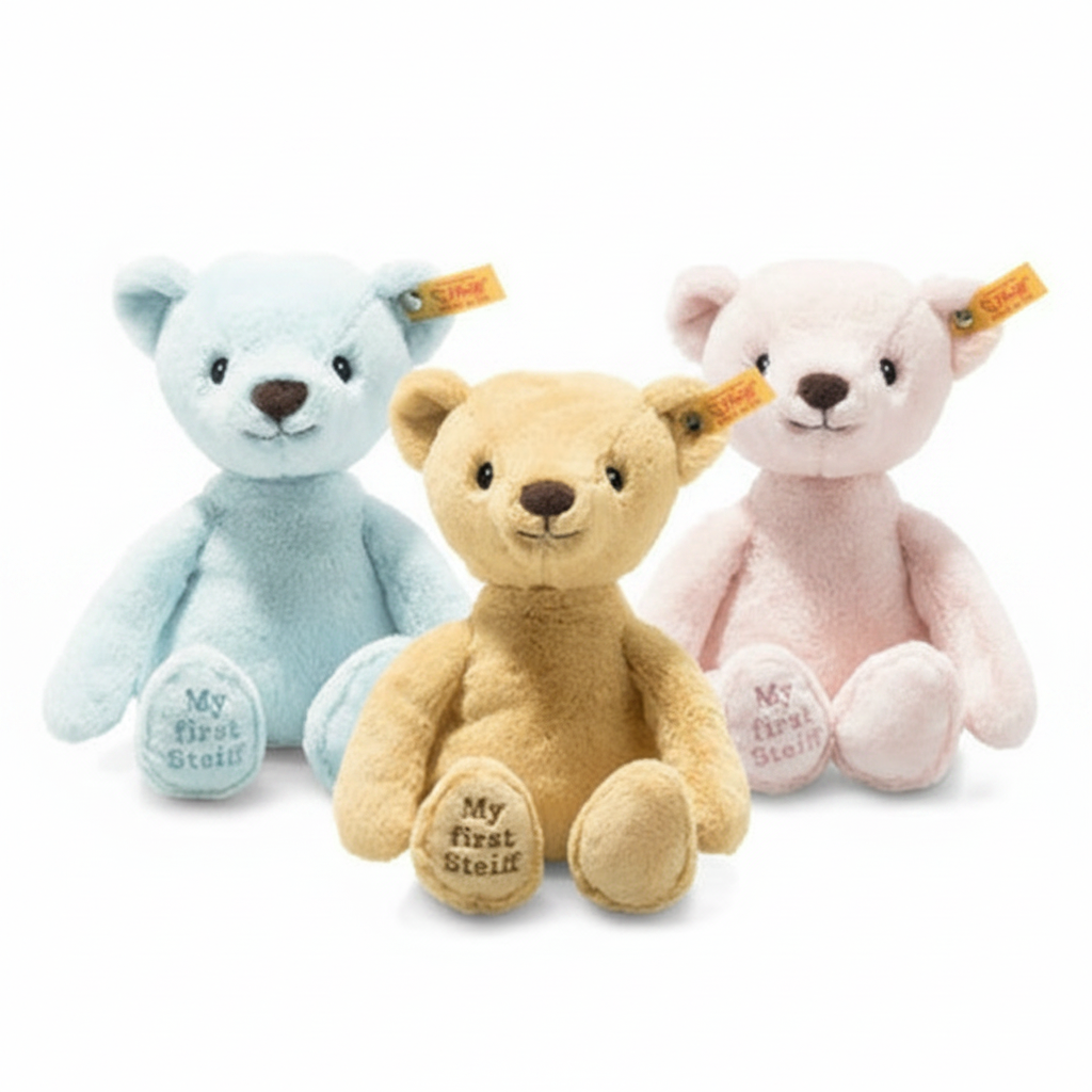 Three Steiff My First Steiff teddy bears sitting together — blue, yellow, and pink