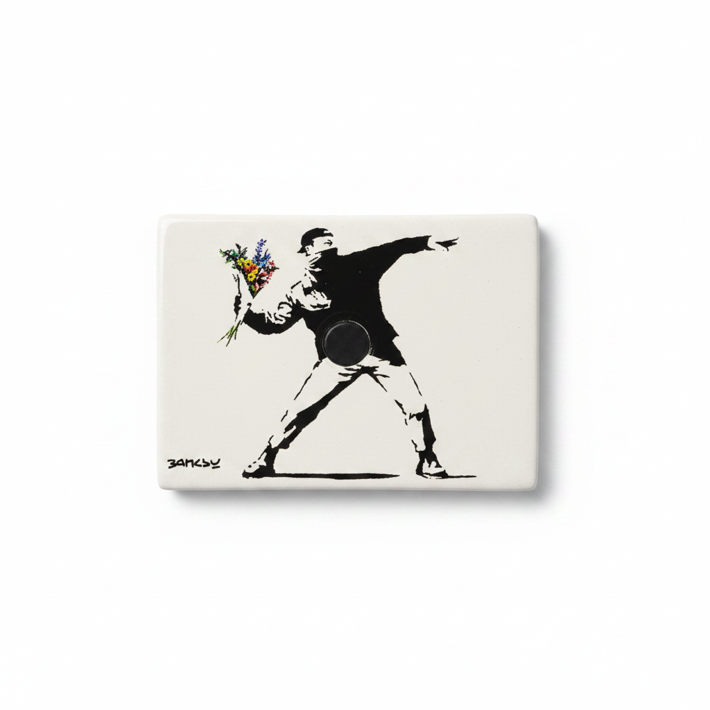 Banksy Love is in the Air Flower Thrower ceramic fridge magnet on white background