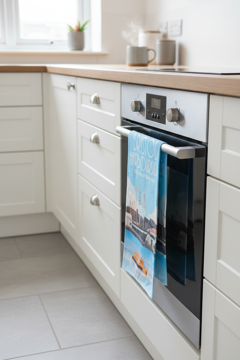 Bristol Harbourside SS Great Britain tea towel hanging on oven handle in kitchen