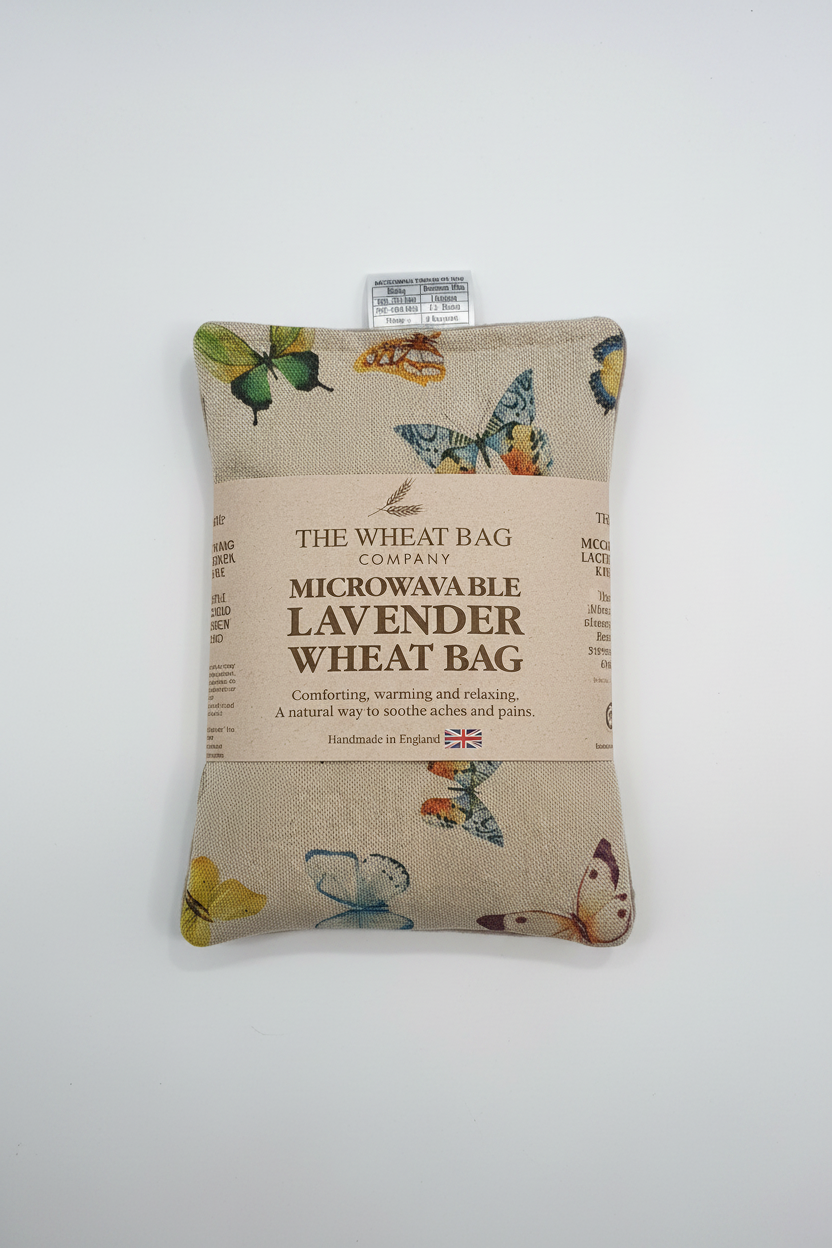 Butterfly print microwavable lavender wheat bag flat lay on white background