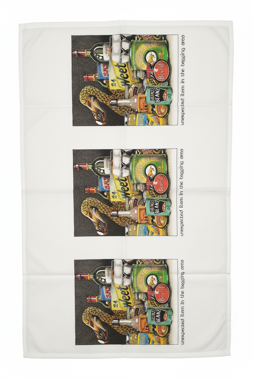 Simon Drew Unexpected Item in the Bagging Area tea towel flat lay on white background