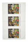 Simon Drew Unexpected Item in the Bagging Area tea towel flat lay on white background