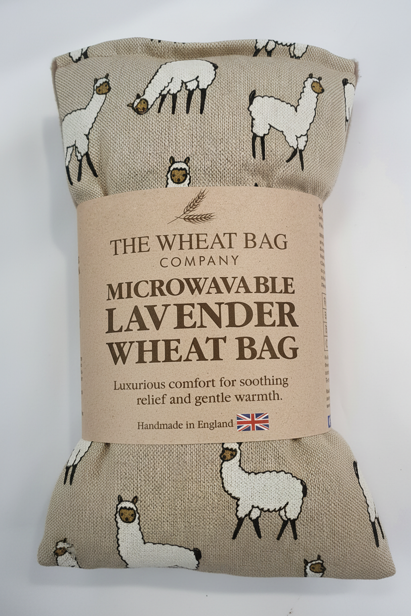 Llama print microwavable lavender wheat bag flat lay on white background