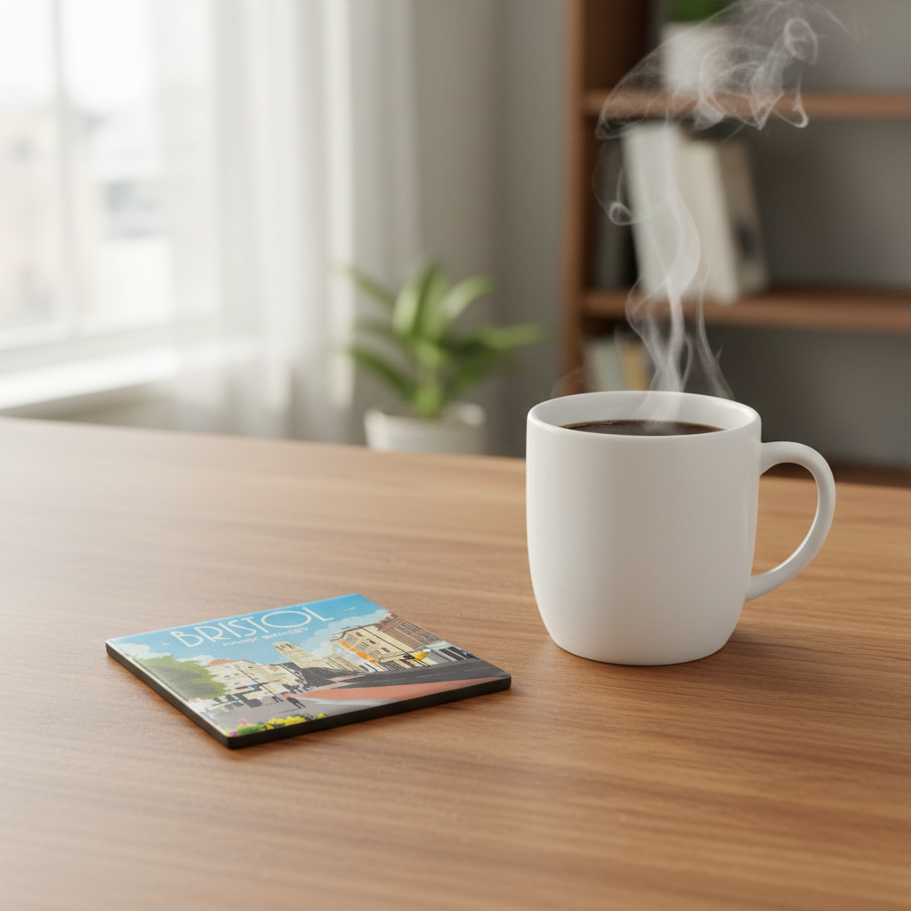 Bristol Park Street ceramic coaster lifestyle shot on desk with coffee