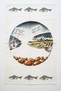 Simon Drew Don't Tell Him Pike tea towel flat lay on white background