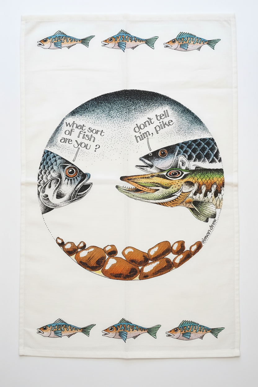 Simon Drew Don't Tell Him Pike tea towel flat lay on white background