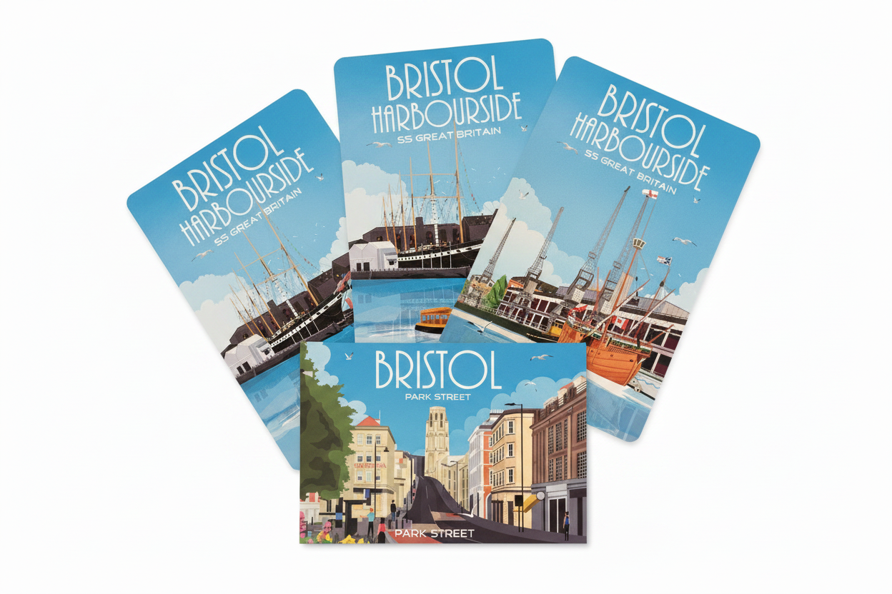 Three Bristol retro travel poster postcards fanned out in a flat lay arrangement on white surface
