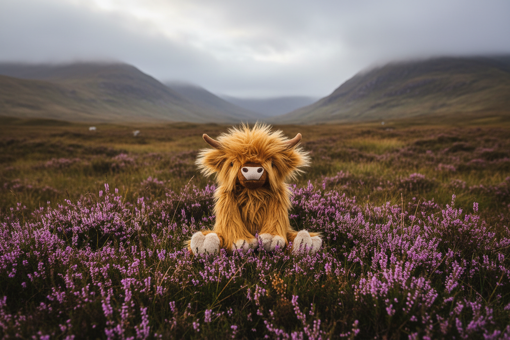 Wrendale Giant Gordon Highland Cow plush soft toy sitting on a Scottish Highland moorland with purple heather and misty rolling hills