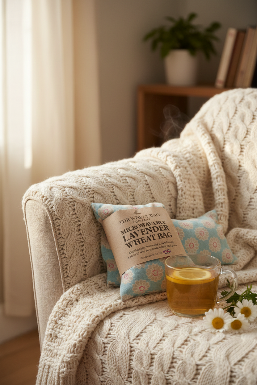 Daisy print microwavable lavender wheat bag lifestyle cosy sofa setting