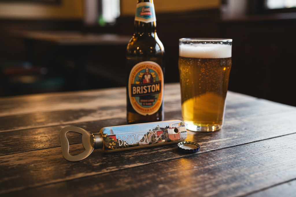 Bristol bamboo bottle opener lifestyle shot on a pub table with craft beer