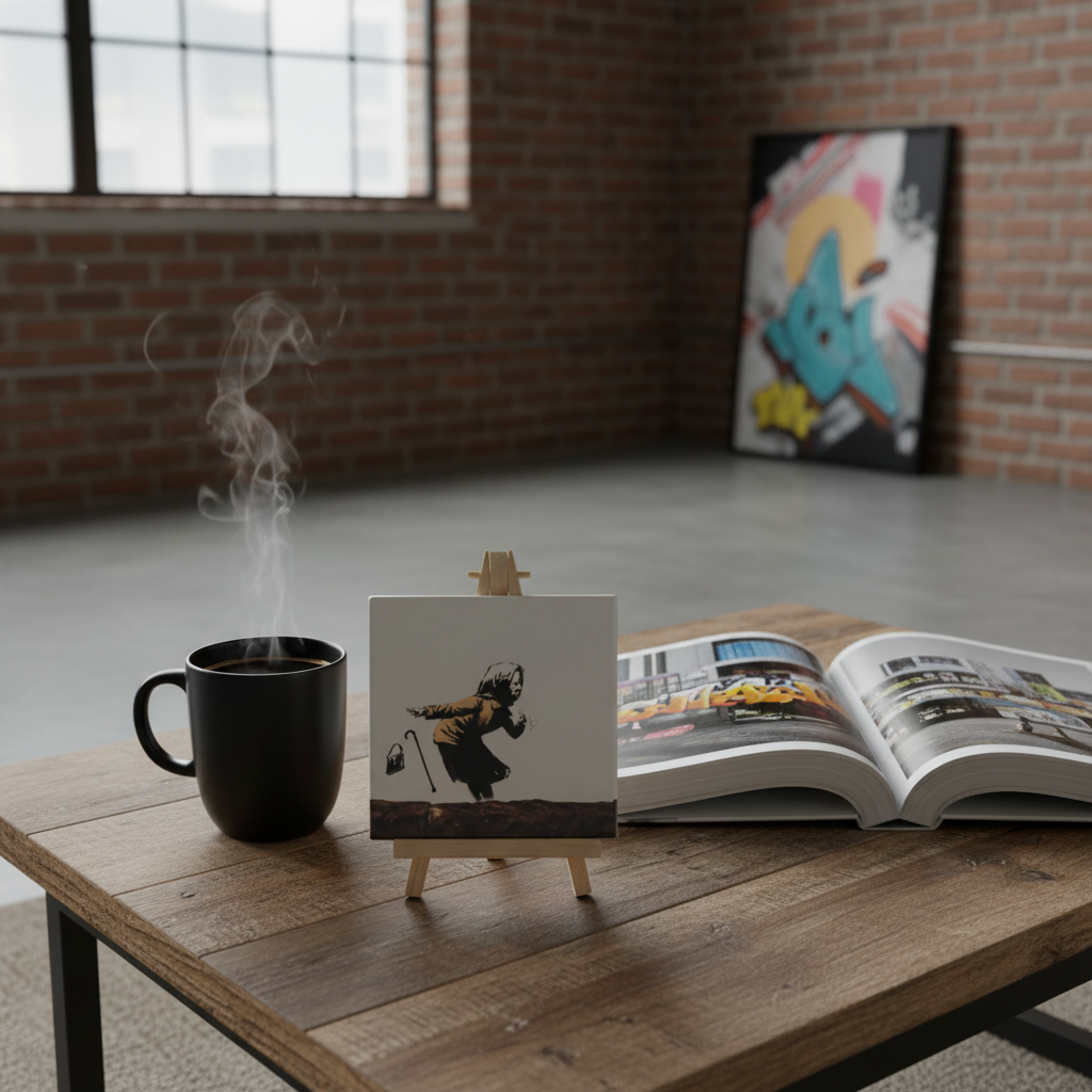 Banksy Aachoo sneezing woman ceramic coaster lifestyle shot on urban loft coffee table