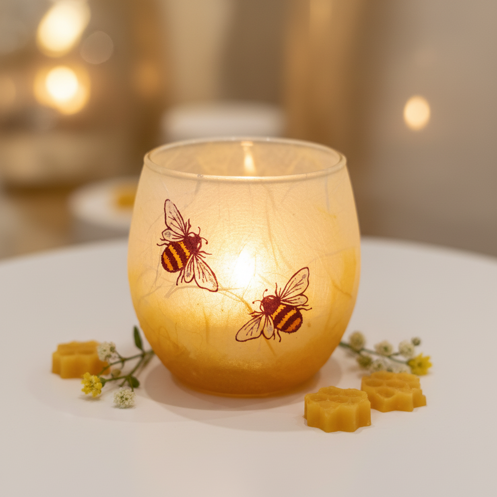 Strawsilk frosted glass busy bees votive tealight holder glowing warmly with lit candle inside