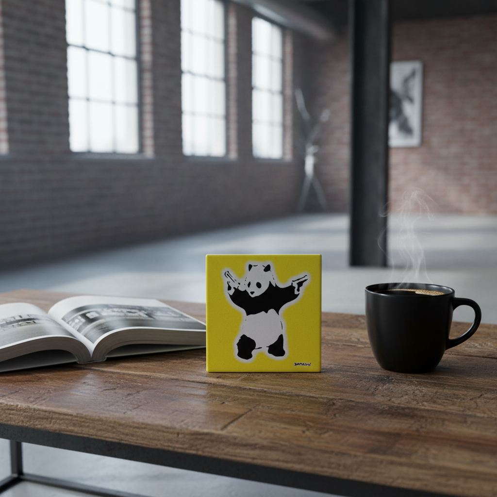 Banksy panda with guns ceramic coaster lifestyle shot on urban loft coffee table
