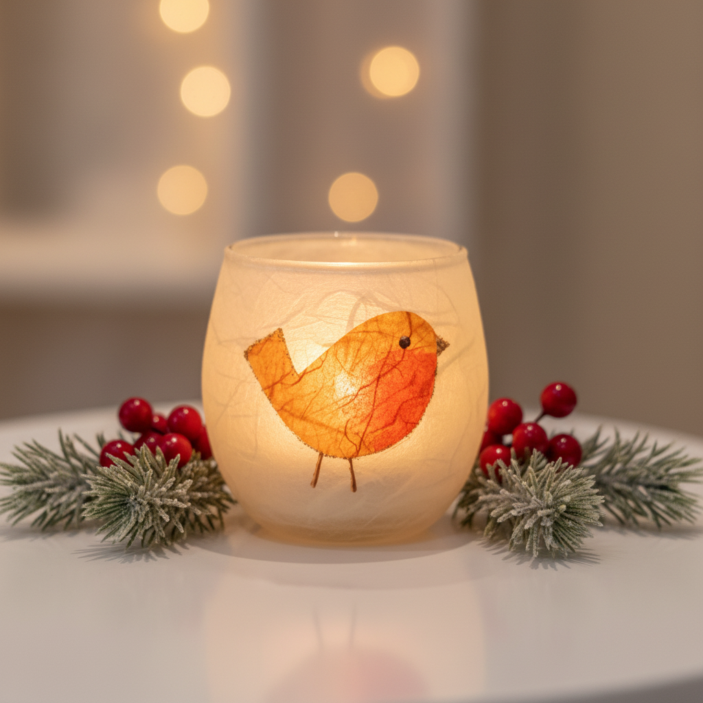Strawsilk frosted glass robin votive tealight holder glowing warmly with lit candle inside