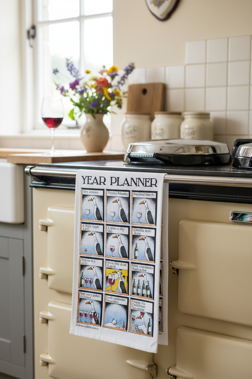 Simon Drew Year Planner tea towel hanging over an Aga in a farmhouse kitchen lifestyle scene