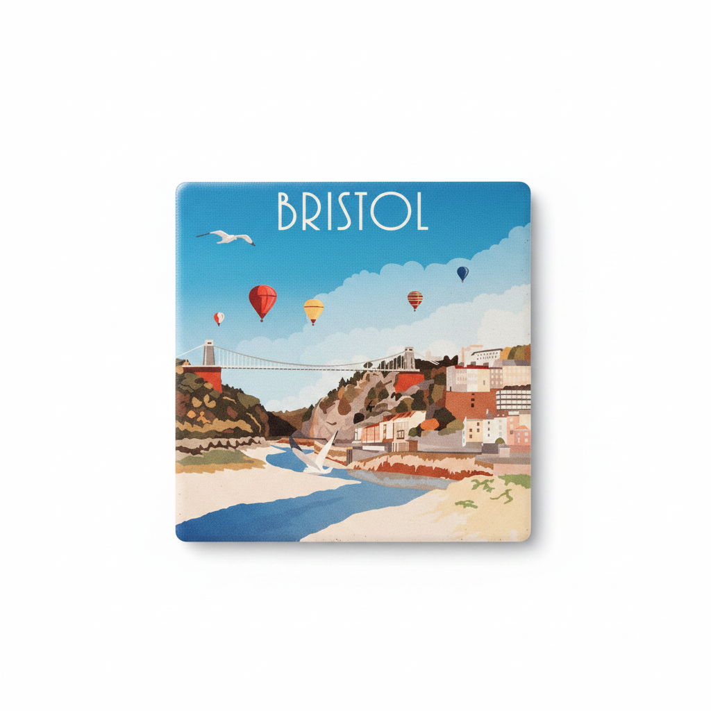 Bristol ceramic coaster with retro travel poster illustration on clean white background