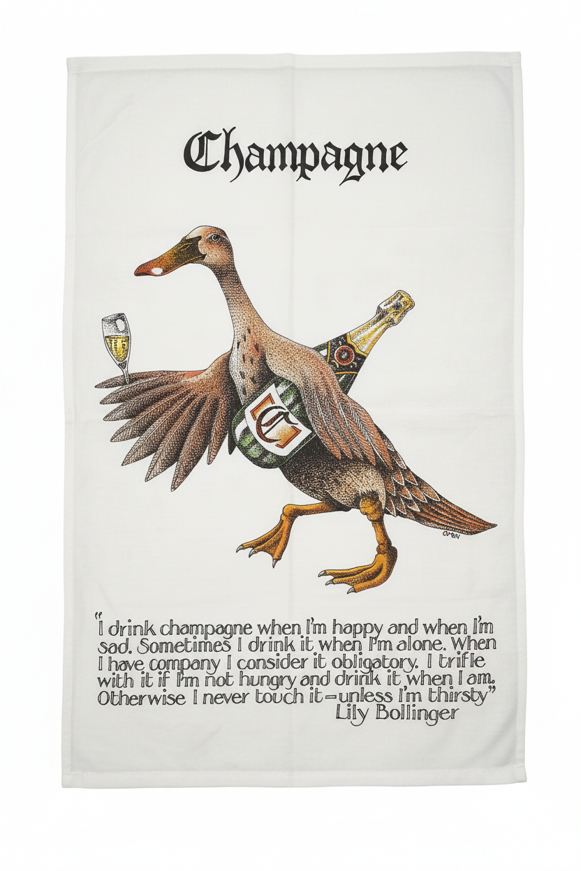 Simon Drew Champagne tea towel flat lay on white background