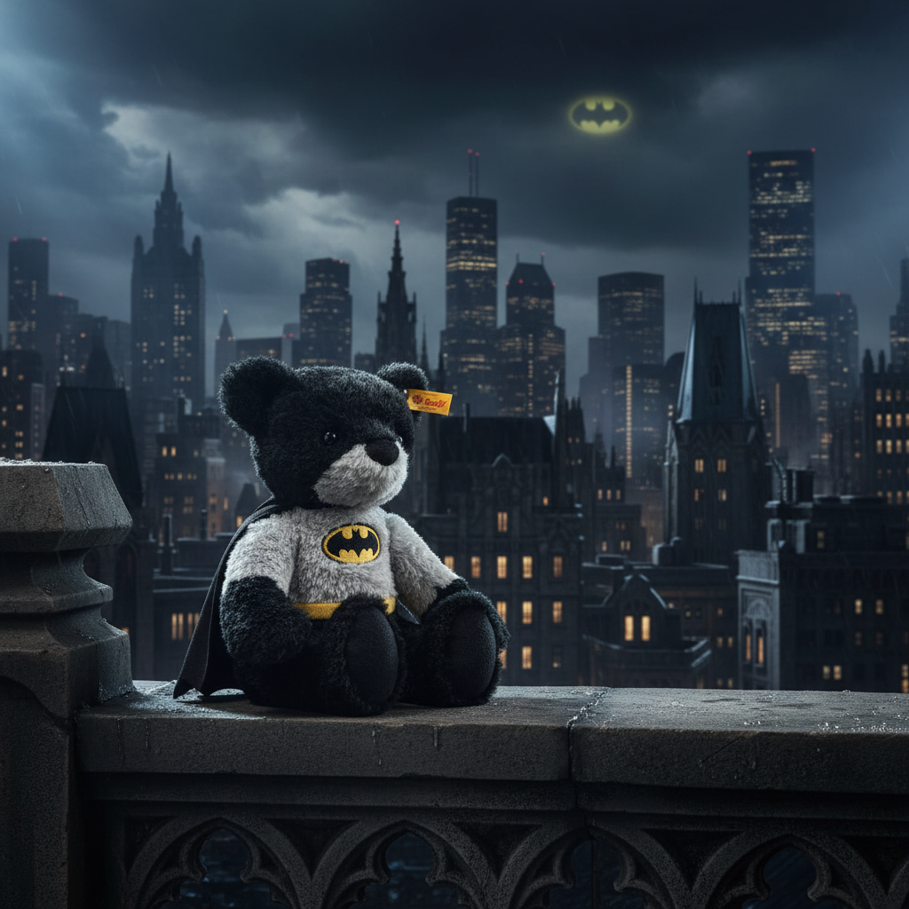 Steiff Batman teddy bear on a Gotham City rooftop at night with bat signal in the sky