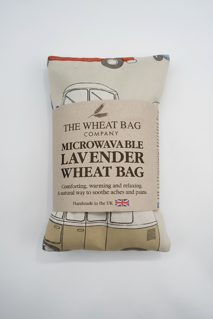 Camper van print microwavable lavender wheat bag flat lay on white background