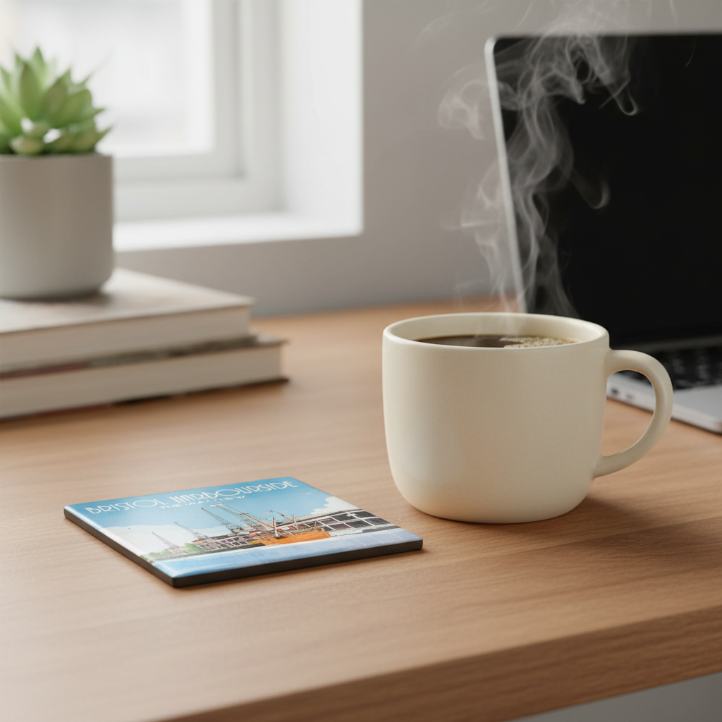 Bristol Harbourside The Matthew ceramic coaster lifestyle shot on desk with coffee