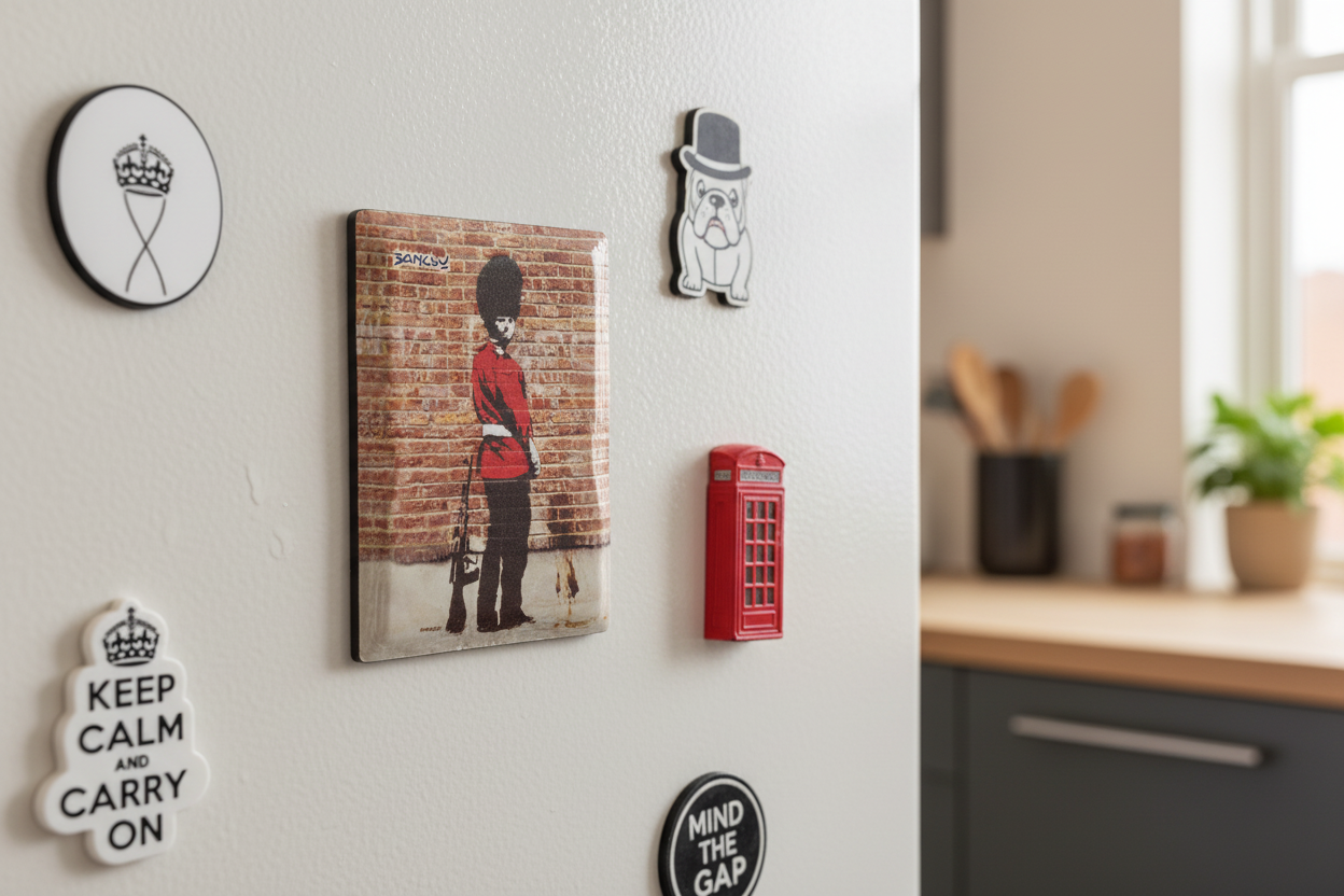 Banksy Royal Guard ceramic fridge magnet lifestyle shot on kitchen fridge