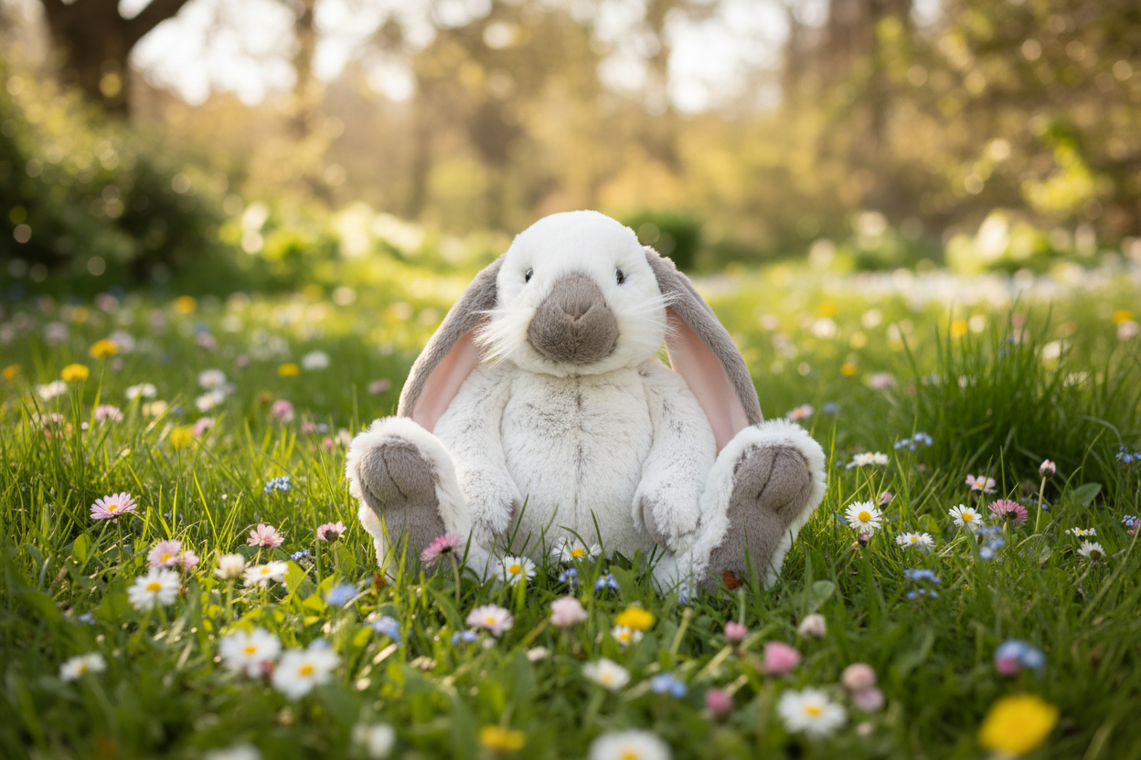 Wrendale Giant Rosie Bunny plush soft toy sitting in a spring garden with wildflowers and dappled sunlight