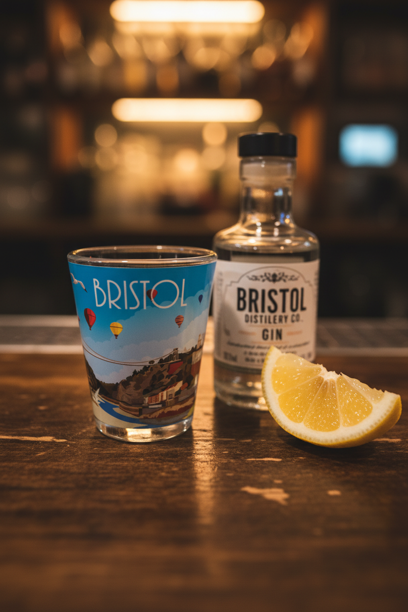 Bristol shot glass lifestyle shot on a bar top with Bristol gin and lemon