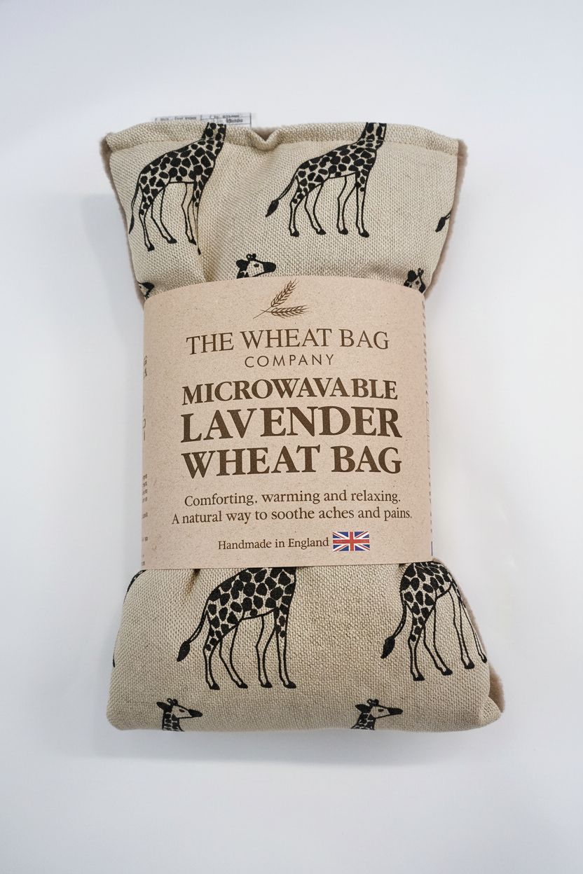 Giraffe print microwavable lavender wheat bag flat lay on white background