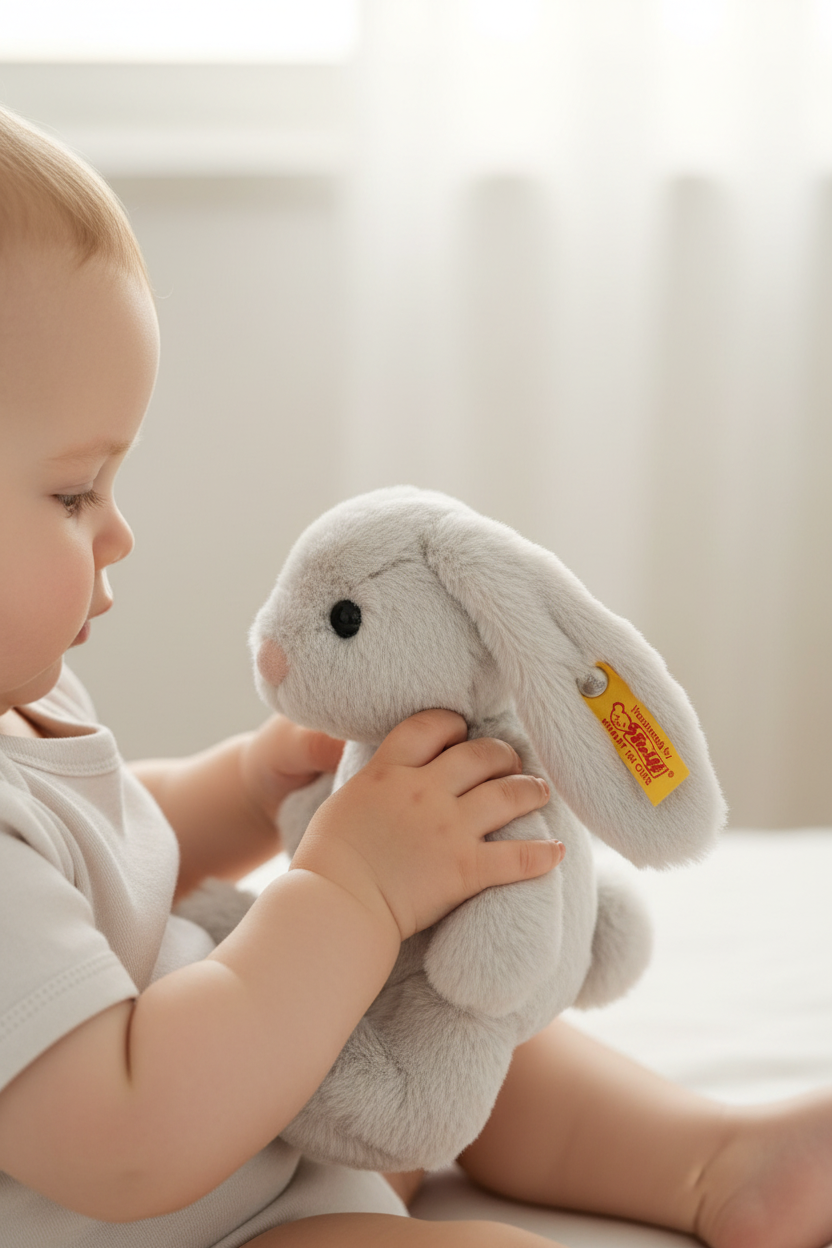 Steiff Hoppie grey bunny soft toy being held by a baby in a nursery lifestyle scene