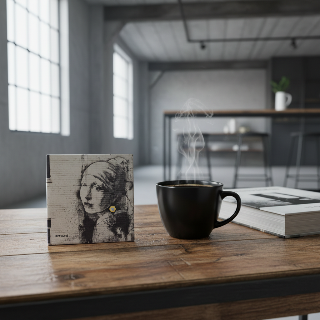 Banksy Girl with Burst Eardrum ceramic coaster lifestyle shot on urban loft coffee table