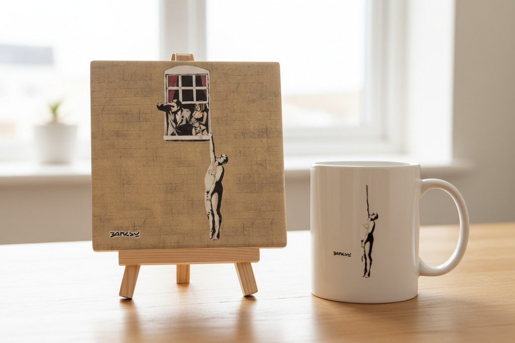Banksy Well Hung Lover ceramic coaster on wooden easel stand on a table with a matching mug, lifestyle product photography