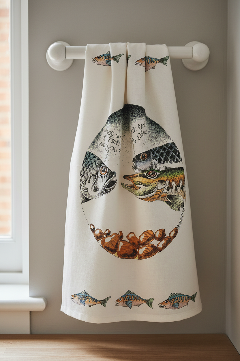 Simon Drew Don't Tell Him Pike tea towel draped over kitchen rail lifestyle shot