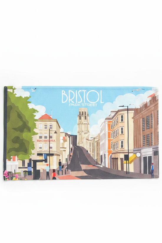 Bristol Park Street tea towel flat lay on white background