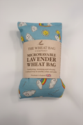 Rainbow print microwavable lavender wheat bag flat lay on white background
