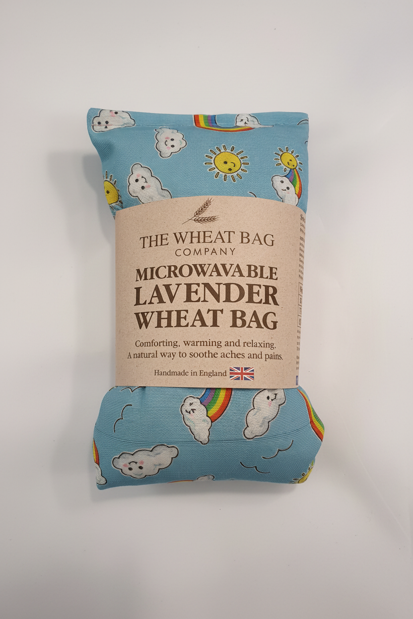 Rainbow print microwavable lavender wheat bag flat lay on white background