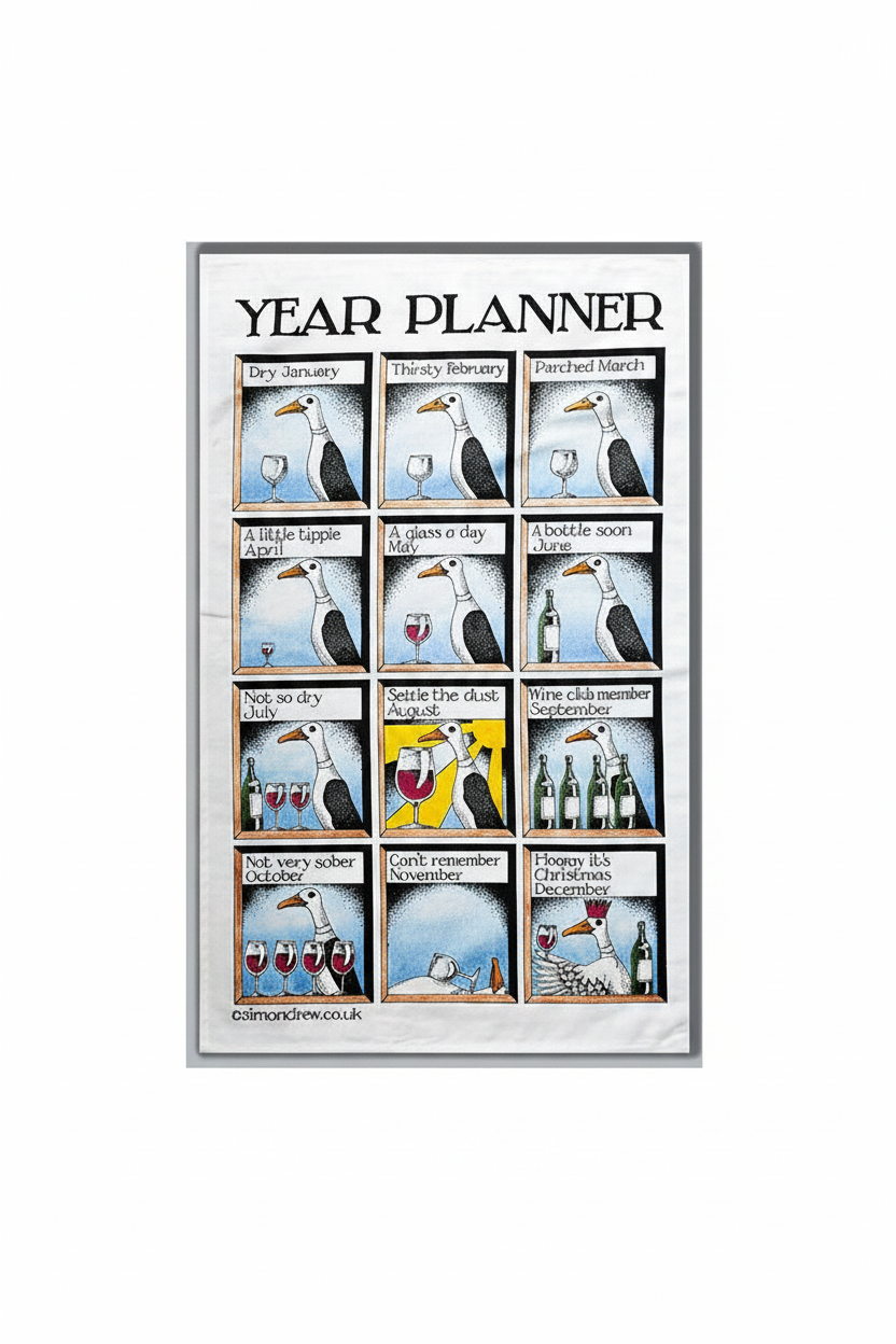 Simon Drew Year Planner tea towel flat lay on white background