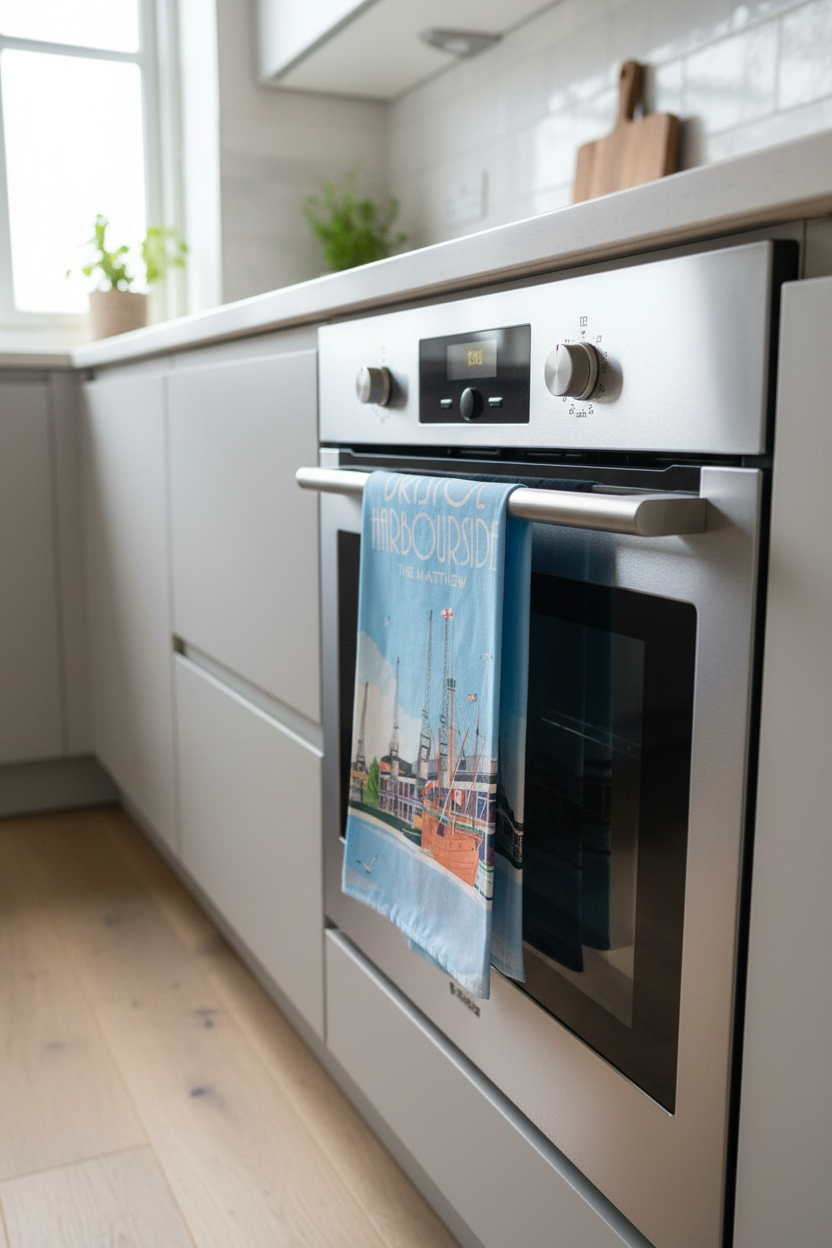 Bristol Harbourside The Matthew tea towel hanging on oven handle in kitchen