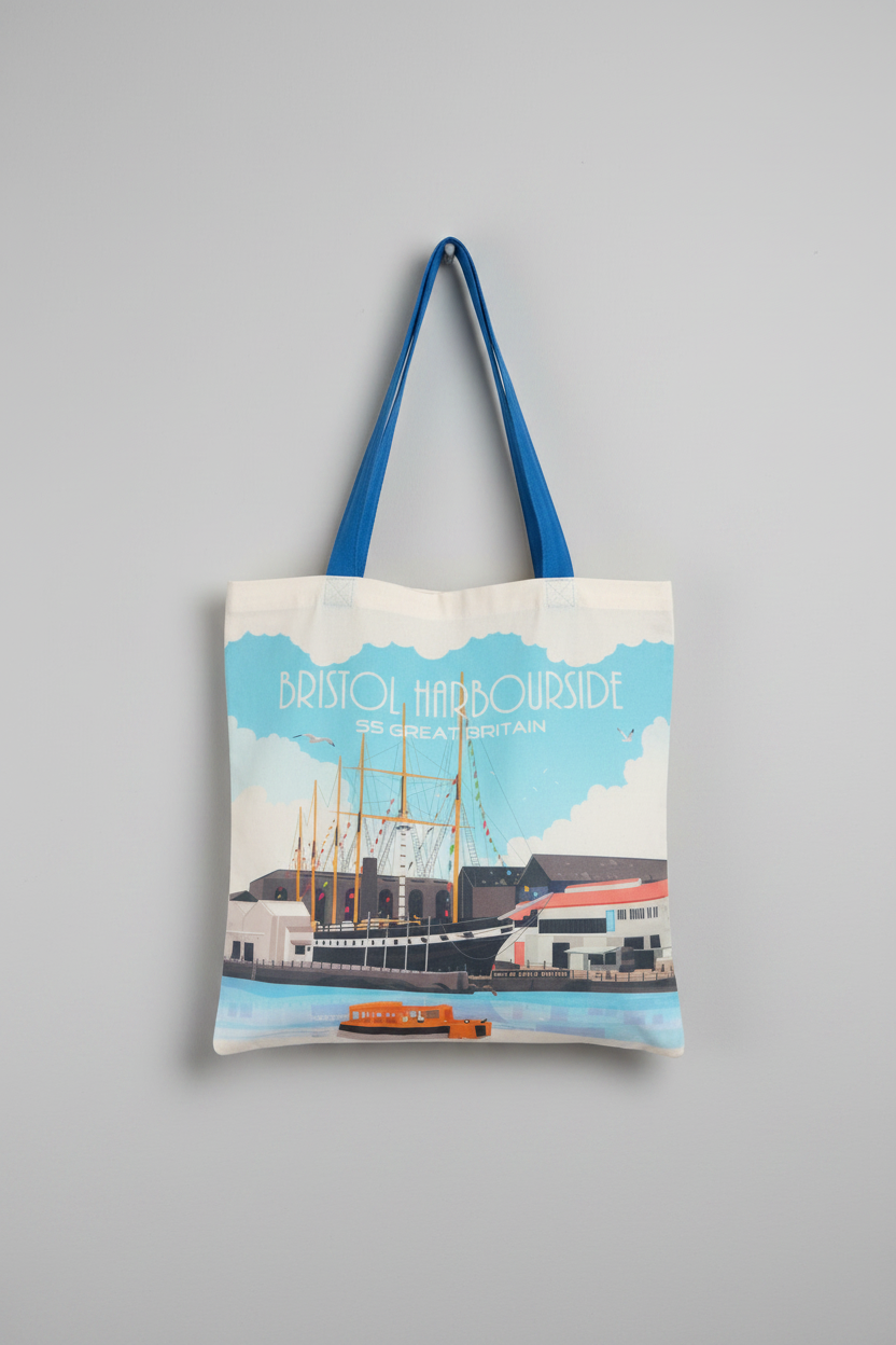 Bristol SS Great Britain tote bag hanging on a plain grey wall