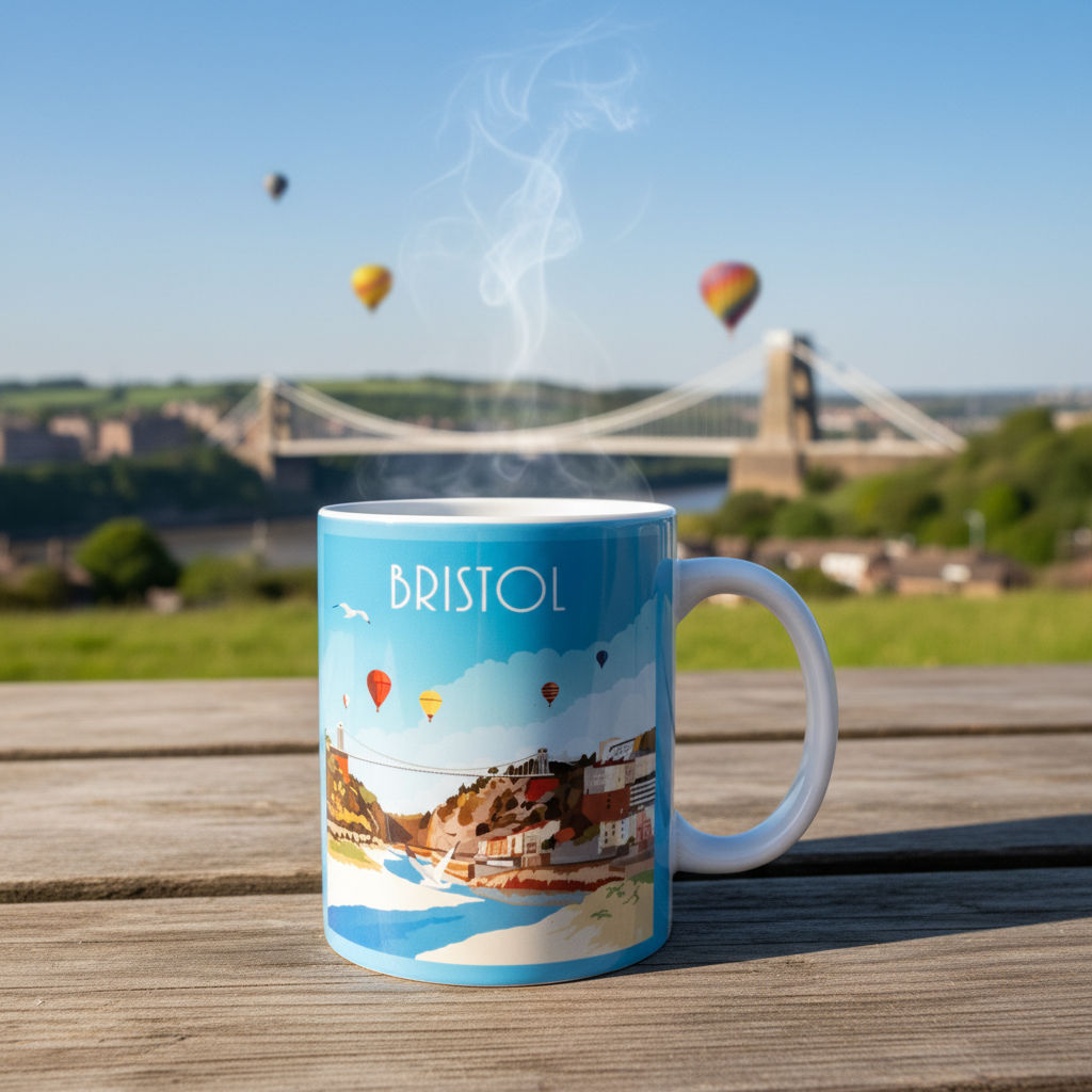 Bristol ceramic mug placed near the Clifton Suspension Bridge lifestyle shot